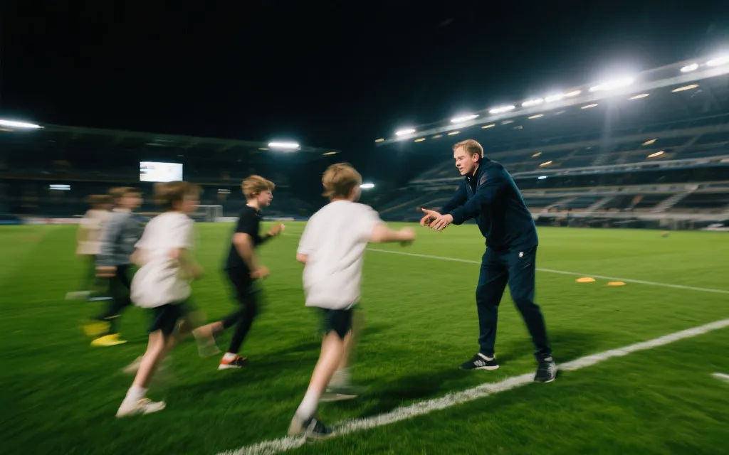 青少年训练与球场灯光下的教练指导场景