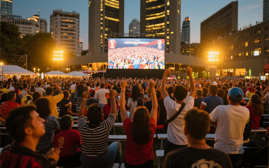 多伦多公共观赛区大屏幕与多国球迷一起欢呼的场景