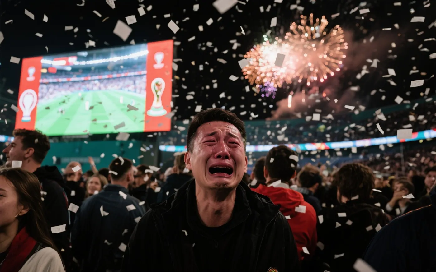 决赛夜球场外的国际球迷在大屏幕前观看终场哨响，烟花与纸屑在夜空中飘落，城市灯光与人群交织